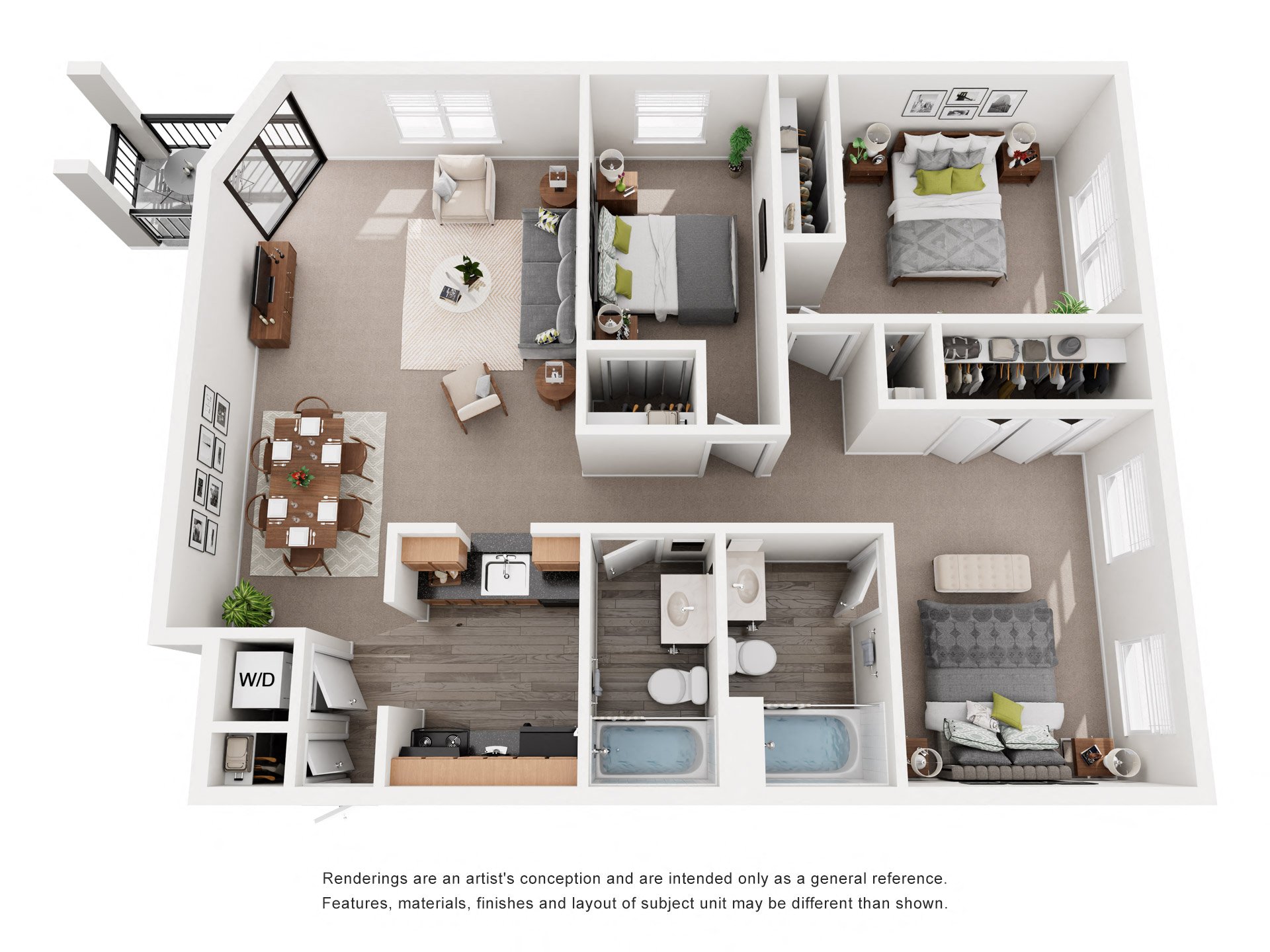 Floor plan for 3 beds, 2 baths, 850 sqft
